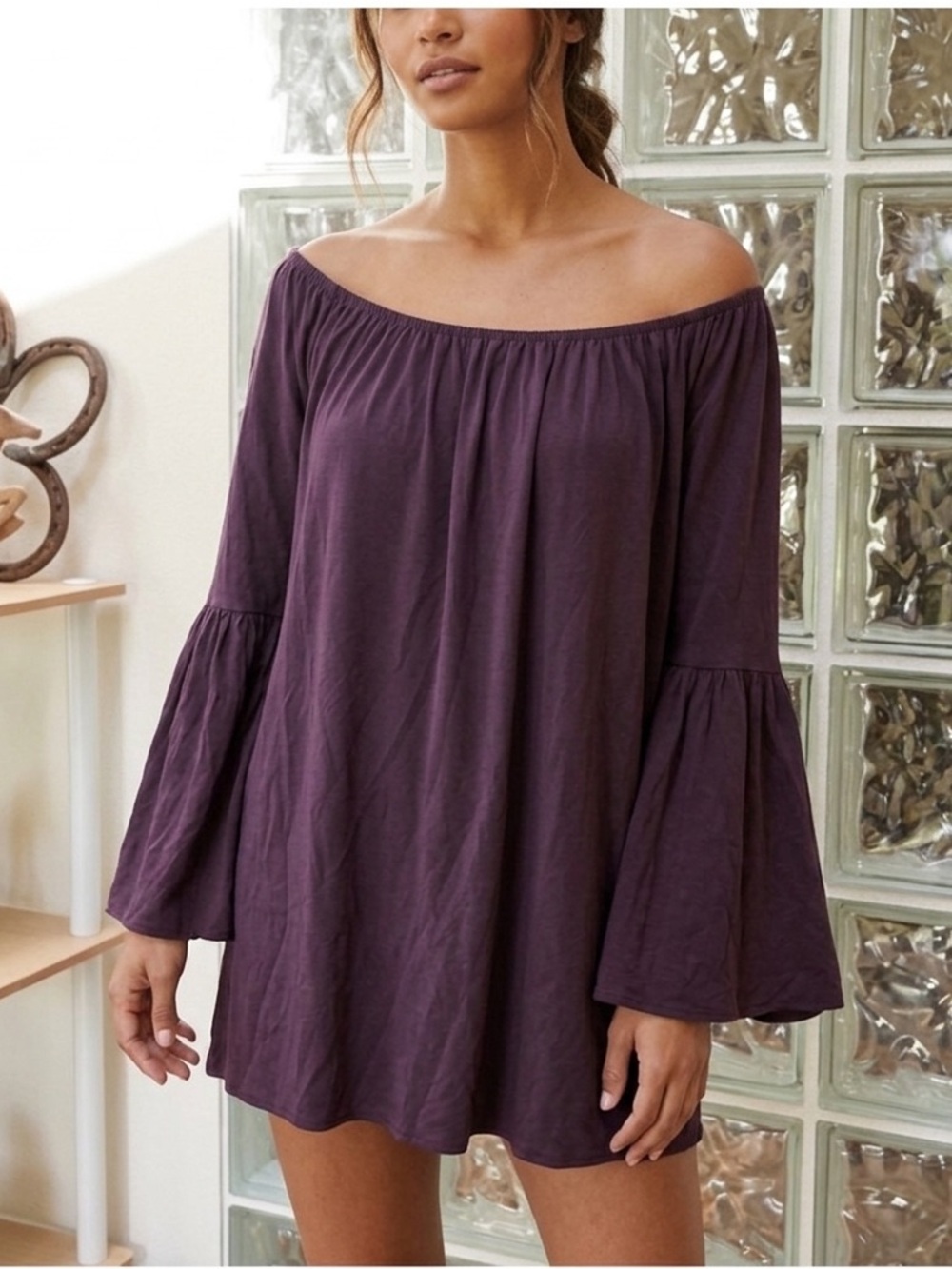 Survival Flowy Flared Bell Sleeve Off Shoulder Purple Blouse Top L Bohemian